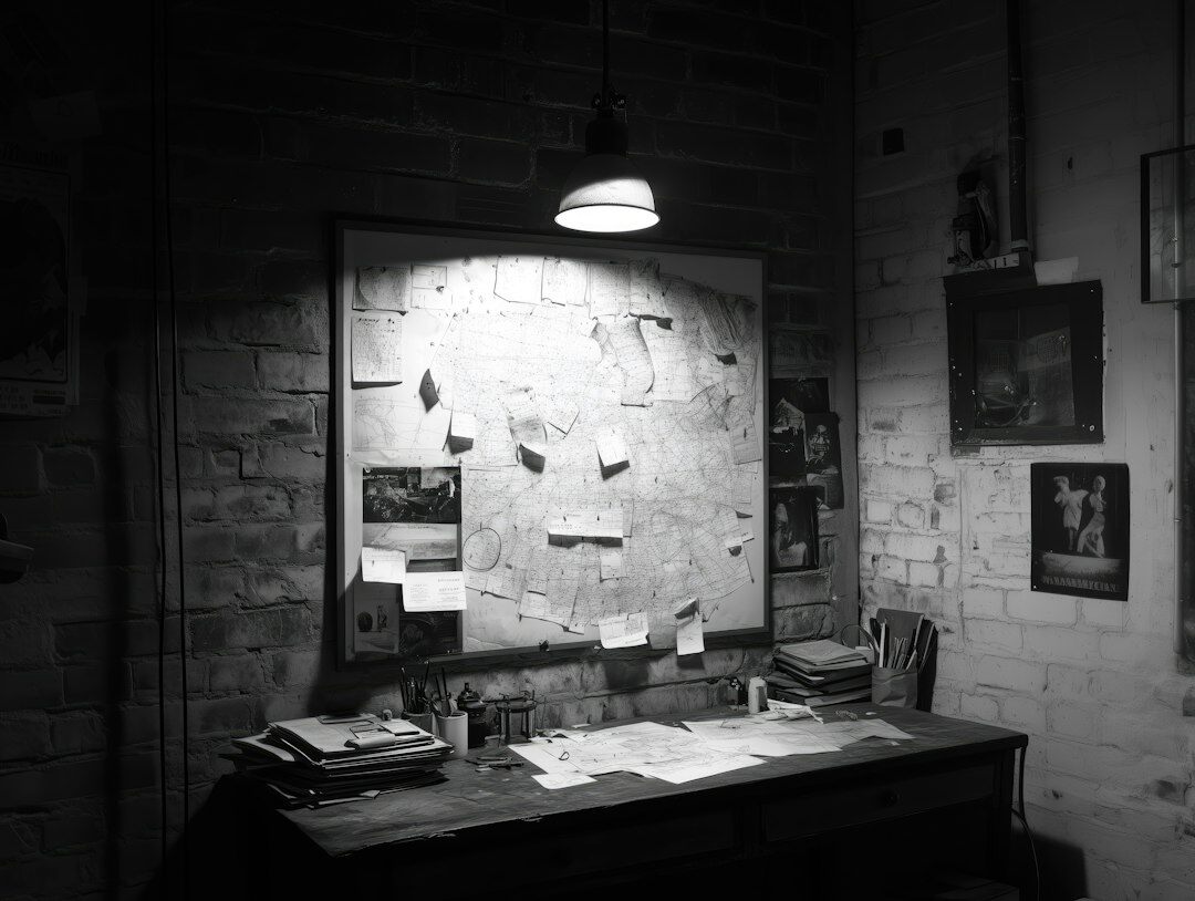 mystery writer desk with notes