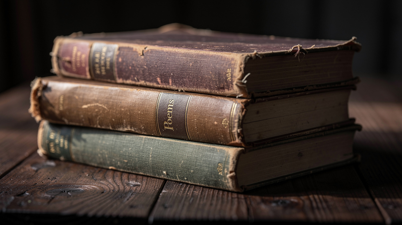 Stack of old hardcover books on a dark table