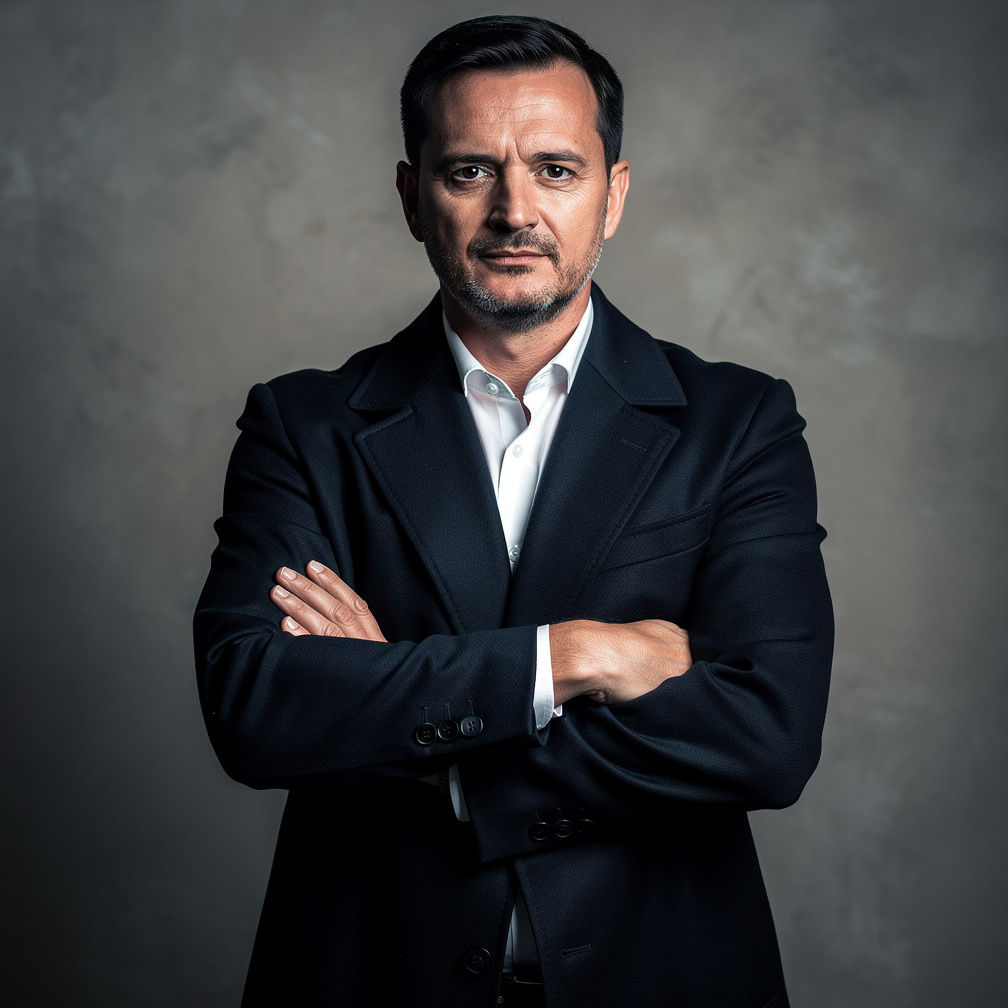 Croatian mystery writer in a dark coat looking directly at the camera